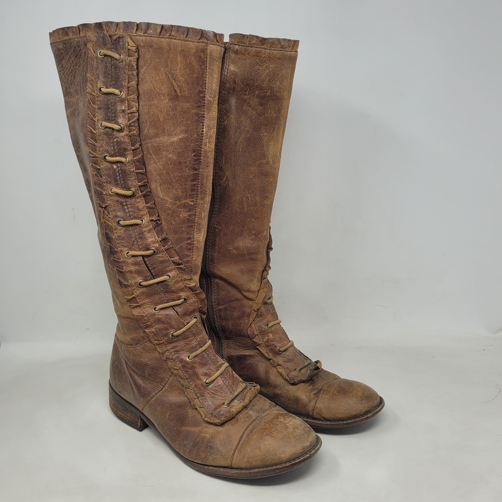 VTG Anthropologie Boots 8B Brown Leather Ruffle Tall Cottage Boho Asymmetrical